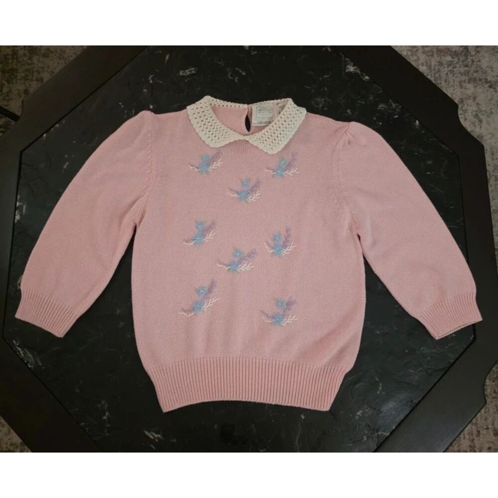 Vintage 1987 Susan Bristol Hand Embroidered Floral Sweater Women M Pink Romantic